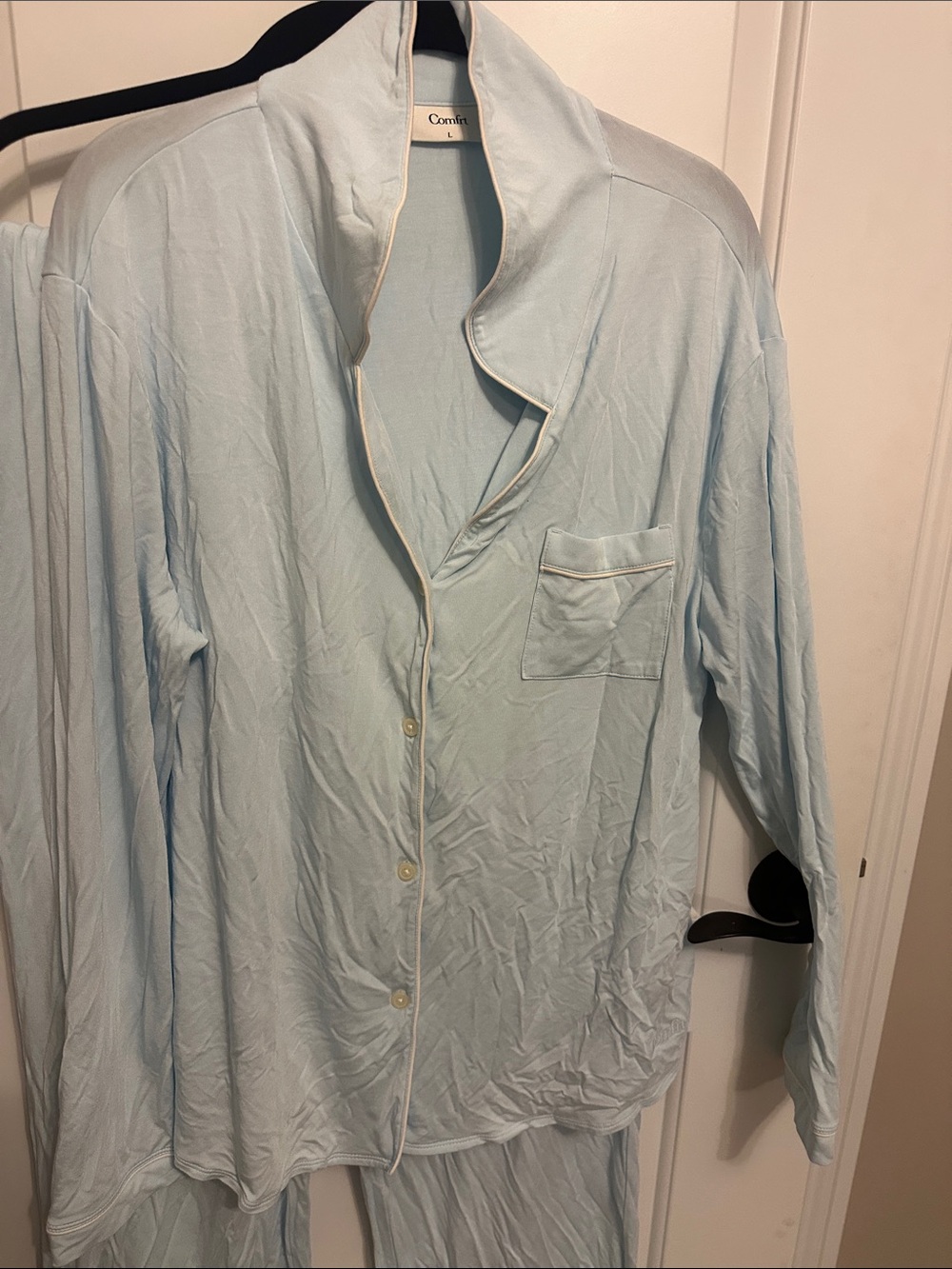 Women's Light Blue Button-Front Pajama Set - Long Sleeve Top & Lounge Pants - Picture 3 of 6